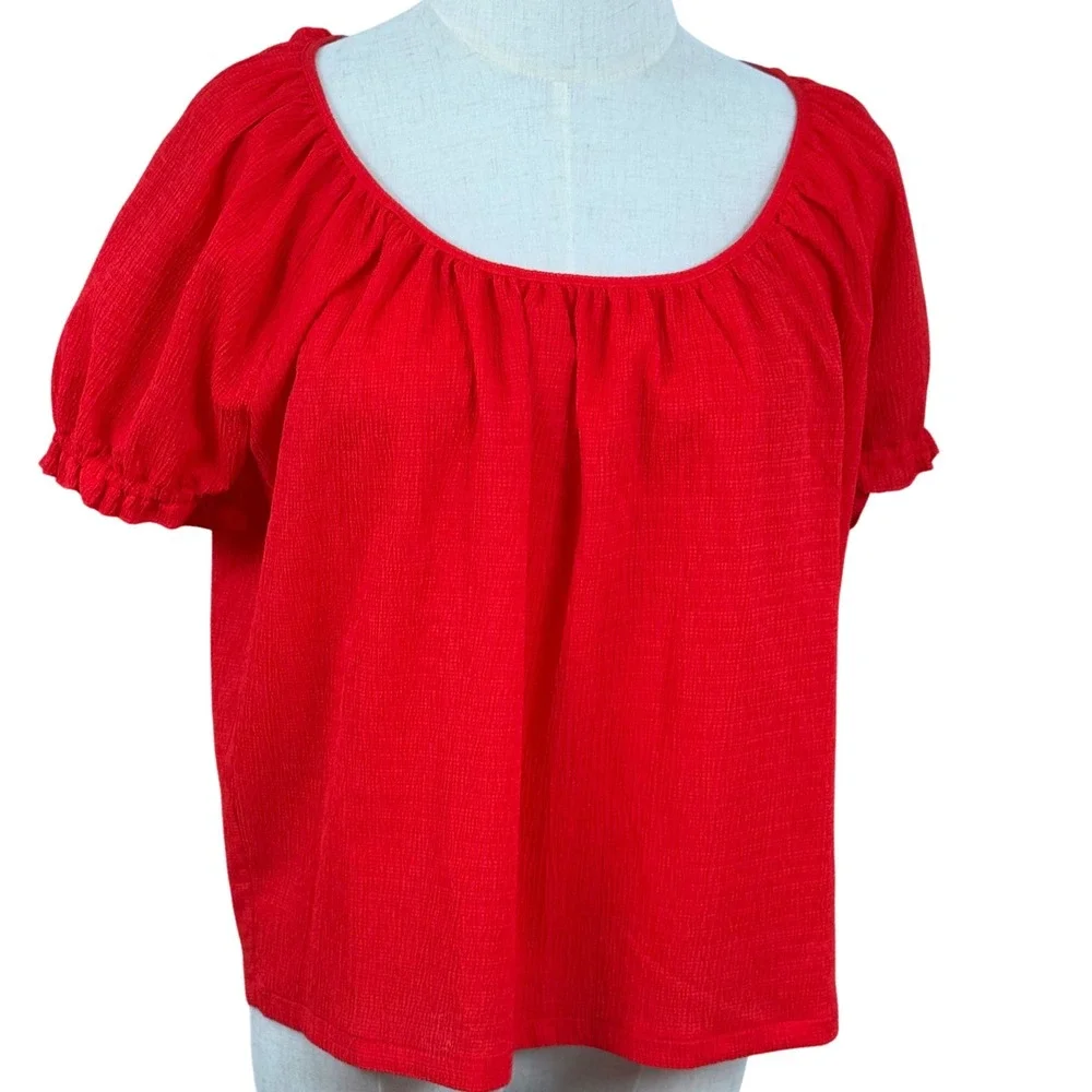 Madewell Women S Blouse Red Texture Thread Puff Sleeve Peasant Boho‎ Top Summer